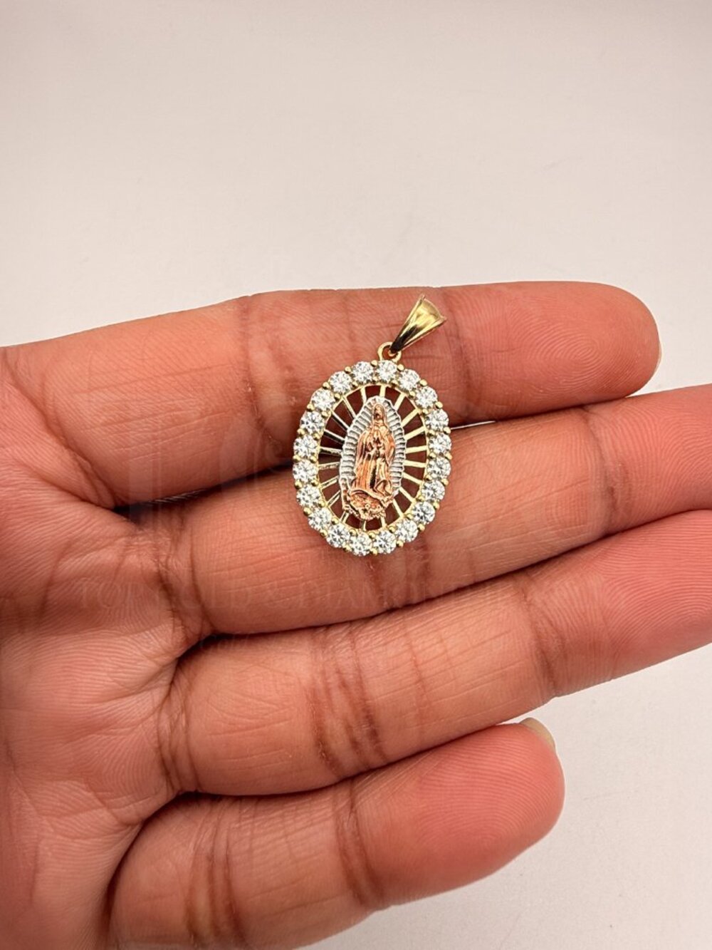 14K Tri Color Gold Cubic zirconia Our Lady of Guadalupe Pendant